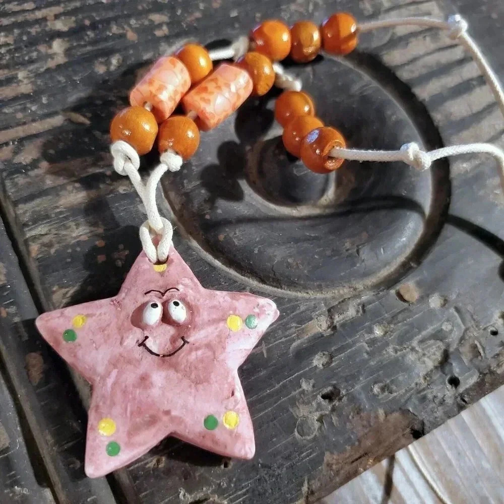 Artisan Star Fish Unglazed Clay Pink White Multicolor OOAK Pendant Necklace